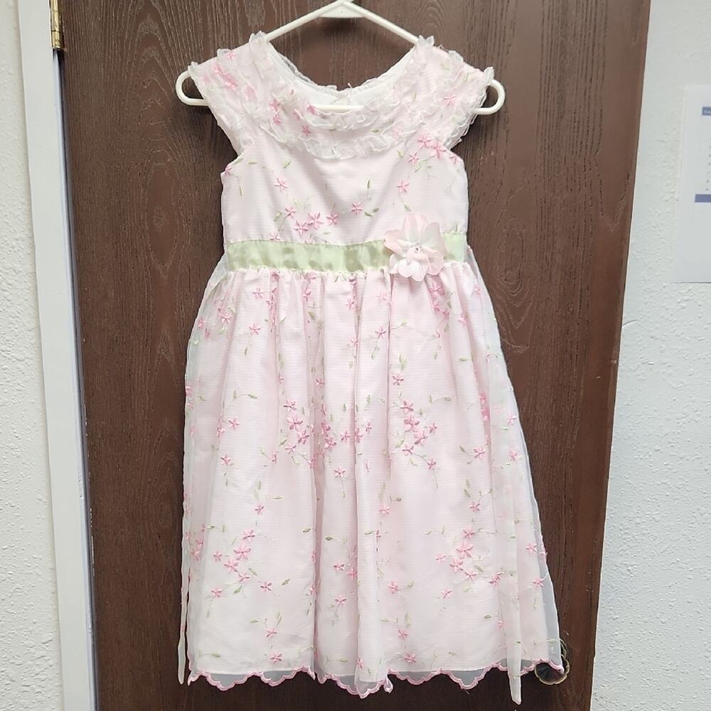 Jona Michelle Pink Floral Kids Dress with Green Accent